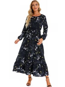 Bahar Sonbahar Uzun Elbiseler Çiçek Baskılı Yuvarlak Boyun Uzun Kollu A-line Rahat Elbise