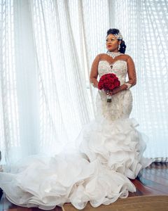 Luxury Crystals Beaded Aso Ebi Wedding Gowns Long Train Flouncing Ruffles Long Sleeves High Neck Lace-up Mermaid Chapel Bridal Dresses Afrian Robe De Mariee 2022