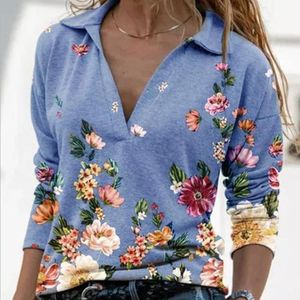 Kadın T-Shirt Bahar Sweatshirts Kadın Bluz Vintage Uzun Kollu Gömlek Kadın Çiçek Baskı V Boyun Külot Ladies Casual Gömlekleri Kadın Top