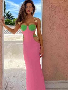 Seksi Slip Maxi Elbise Kadınlar Kolsuz Kesim Patchwork Uzun Elbiseler 2022 Yaz Metal Kabuk Moda Beach Tatil Lady Vestidos T220816