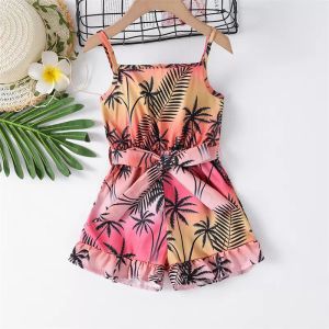 Bebek Kız Romper Tulum Susma Onesie Kemer Hindistan Cevizi Palmiye Baskı Bodysuit Tulum Toddler Giyim yaz için giysi