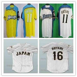 Chen37 Özel 11 Shohei Otani Hokkaido Nippon-Ham Savaşçıları Formalar Sarı Mavi Beyaz İnce Pinstriped Japonya Samurai 16 Shohei Otani Beyzbol Gömlekleri Ucuz