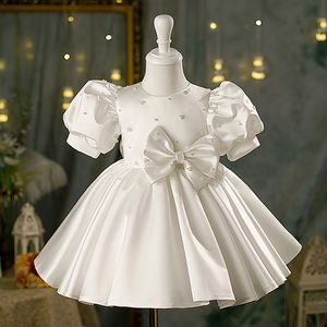 Lovely Lace Flower Girl Dress Bows Children's First holy Communion Dress Princess Formal Tulle Ball Gown beaded Wedding Party Dress 2-10 years