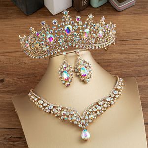 Muhteşem Kristal AB Gelin Takı Setleri Moda Headpieces Küpe Kolye Kadınlar için Set Gelinlik Taç Tiara