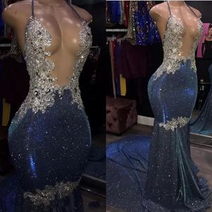 2022 Seksi Sparkle Kristal Mermaid Pageant Elbiseler Gerçek Görüntü Backless Uzun Balo Abiye Halter Örgün Parti Elbise Custom Made C0417