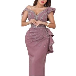2022 Dusty Pink V Neck Straight Evening dresses Wear Long Caftan mariage Crystals Beading Prom Gowns Vestidos Formales Dubai Dress Off Shoulder Floor Length