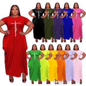 Artı Boyutu Kadınlar Rahat Elbise Tasarımcı Mektup Baskılı Kısa Kollu Düzensiz Maxi Elbiseler Bayanlar Uzun Sundress 12 Renkler