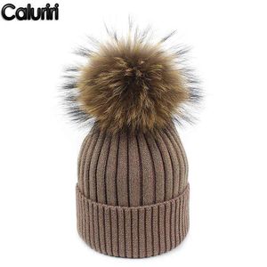 Caluriri Beanie Cap En çok satan parlak ipek örgü kapak gerçek kürk topu sonbahar kış sıcak bayan şapka yün kapak kalın kış bere şapka j220722