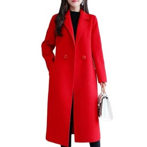 Sonbahar Yün Coat Kadınlar Plus Size Cepler Düğme Katı V-Yaka Gevşek Uzun Kırmızı Kadın Coats Siyah Bayanlar Coats Pelerin Coat LJ201128