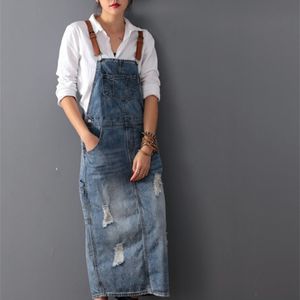 Women Loose Denim Dress Ladies Bleached Holes Female Spaghetti Strap Ripped Vintage es 220611