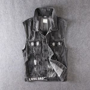 Мужские жилеты летние мужчины джинсовая жилетка серая пластырь дизайн печать хип -хоп панк -жилье уличная дыра разорванная свободная рукавочная куртка без рукавов