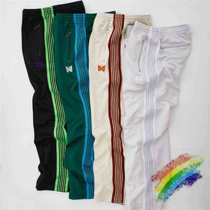 2022ss Needle Jogging Pants Мужчины Женщины Цветные полосатые тканые брюки с вышивкой Butterfly Awge T220721