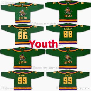 Молодежные дети Mighty Ducks Movie Hockey Jersey #96 Charlie Conway #99 Adam Banks #66 Gordon Bombay Jerseys Сшитые зеленые