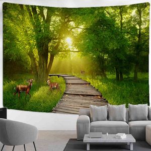 Arazzo Sika Deer Green Forest Carpet Wall Hanging Boho Psychedelic Witchcraft