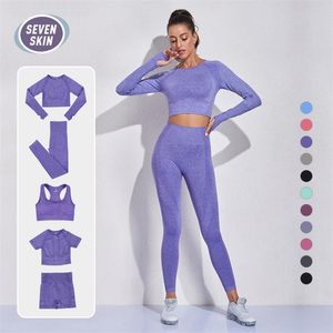 Yedi cilt 2/3/5pcs dikişsiz kadın yoga set spor salonu fitness spor giyim uzun kollu mahsul üst giyim yüksek bel tozluk spor takım elbise 220513