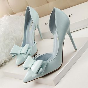 BIGTREE Fashion Delicate Sweet Bowknot High Heal Shoes Side Hollow Pointed Women Pumps Pointed Toe 10,5CM Thin Dress Shoes 220428