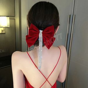 Velour grace Bow Hairpin Crystal Fringe Tassel Hair Clip Women Ponytail Rhinestone Beading Hair Accessories Gifts Headwear