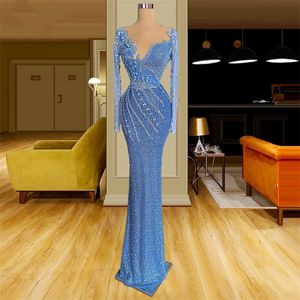 Mavi Köpüklü Deniz Kızı Prom Elbiseler Seksi Derin V Boyun Uzun Kollu Sequins Boncuklar Hollow 3D çiçek taban uzunluğu artı boyutu resmi parti elbiseleri özel yapılmış