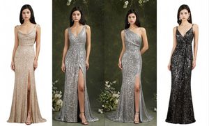 2022 Parlak Glitter Payetli Mermaid Nedime Elbiseleri Backless Bölünmüş Uzun Akşam Parti Balo Abiye Custom Made BM3111-3114