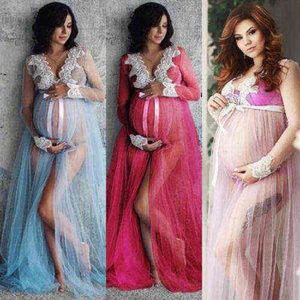 Hamile kadınlar Dantel Yukarı Uzun Kollu Annelik Elbise Bayanlar Maxi Elbise Fotoğraf Çekim Giysileri G220309