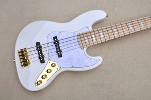 Factory Custom White 5-String Electric Bass Guitar with Maple Fingerboard White Block Fret Inlay Pearl Pickguard Gold Hardware Offer Customized