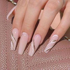 False Nails 24pcs/Box Marble Line Long Coffin Ballerina Manicure Tool Press On Full Cover Nail Tips Artificial DetachableFalse