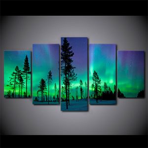 5 peças Aurora Floresta Noite Pôster em tela Impressão de imagem Arte de parede Pintura em tela Decoração de parede para sala de estar sem moldura