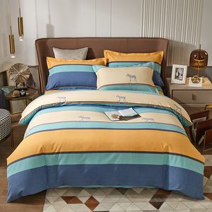 Baumwoll-Bettwäsche-Sets, gestreift, bedruckt, gebürstetes Laken, Bettbezug, Kissenbezüge, 4-teiliges Set