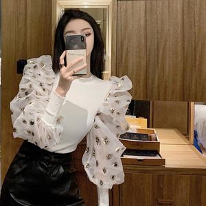 Women's Blouses & Shirts 2022 Vintage Blouse Women Elegant Spring Autumn Korean Chic Knitted Long Sleeve Bright Silk Short Shirt Top Sexy Bl