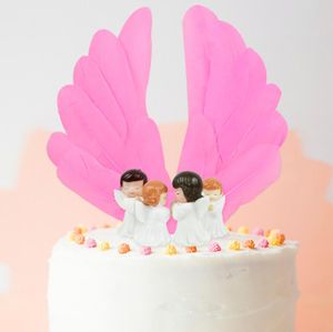 Sevimli melek kanadı tüy kek topper için bebek duş çocukları doğum günü partisi dekorasyon malzemeleri düğün tatlı kek dekor araçları