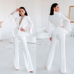 Tuxedos de casamento de renda branca Mulheres Lady Lady Slave Jacket Suits 2022 Women Casual Wide Leg Strousers Conjunto