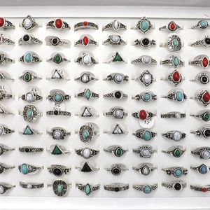 50 peças anéis de estilo vintage de cor prata antiga com pedras mistas para mulheres