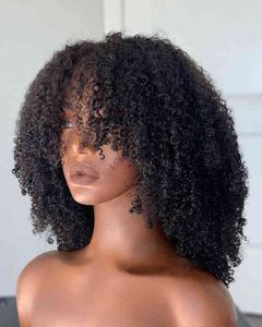 Афро извращенный вьющий парик с челкой полная машина сделана 180 200 250 плотность Реми Бразильский короткие человеческие волосы S 220707