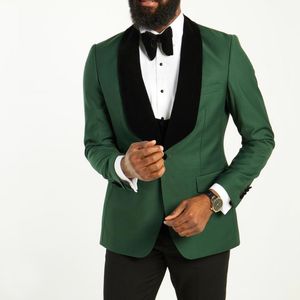 Новый дизайн Зеленый жених носить свадьба смокинги бархатный воротник Мужские костюмы Бредит деловая одежда Pom Party (куртка + брюки + бабочка)