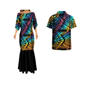 Polinezya kabile süblimasyon baskısı bayan partisi deniz kızı tarzı elbise kadın uzun balık kuyruğu elbisesi ve erkek gömlek çift takım elbise 220628