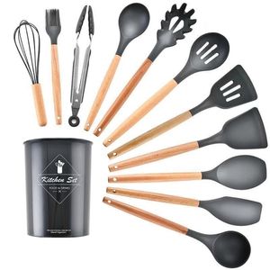 11pcs New Silicone Cooking Utensils Set Non-stick Spatula Shovel Wooden Handle Cooking Tools Set Kitchen Tools with Storage Box T200415