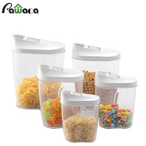 5Pcs Food Storage Box Clear Container Set with Pour Lids Kitchen Food Sealed Snacks Dried Fruit Grains Tank Storage Cereal Box 201022