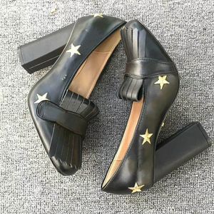 Tasarımcı Marmont Pompalar Kadın Deri Yüksek Topuklu İşlemeli Yıldız Saçak Orta Topuk Püskül Ayakkabı 5cm ve 10 cm büyük boy No28