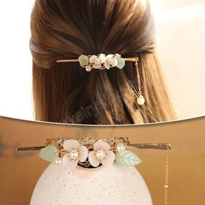 Chinese Style Hair Chopsticks Metal Rhinestone Hair Stick Women Tassel Pearl Flower Headpiece Hairpin Hair Jewelry Accessories