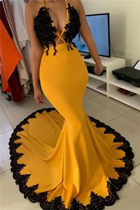 2022 Nova chegada Amarelo com apliques negros Vestidos de baile Sul Africano Garotas Júnior Graduação Partido Vestidos Sereia Pescoço Vestido de Noite