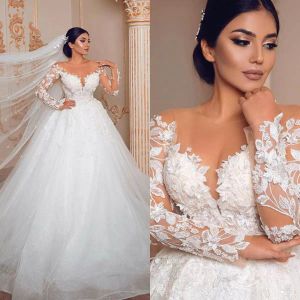 Splendidi abiti da sposa a maniche lunghe a maniche lunghe con scollo a barchetta Abiti da sposa con applicazioni di pizzo pieno Vedi attraverso abiti da festa da sposa abiti da sposa