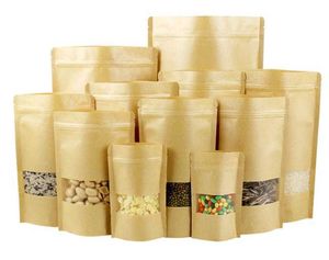Alimenti Sacchetti a prova di umidità Finestra 100 Pz Sacchetti Marrone Carta Kraft Doypack Sacchetto Imballaggio per snack Biscotti tè All'ingrosso