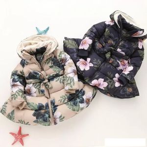 Yeni Çocuk Çiçek Kapşonlu Ceket Kış Kız Uzun Kollu Artı Kadife Kalın Çiçekler Dış Giyim Çocuk Aşağı Ceket 2 Renkler
