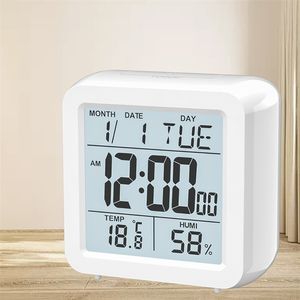 Digital Desktop LCD Snooze Calendar Alarm clock White Bedroom Watch with Thermometer & Hygrometer for Home Battery Operated 220426