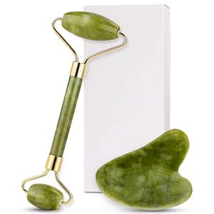 2IN1 SET GREEN Natural Jade Roller Guasha Gua Sha Scraper Tool