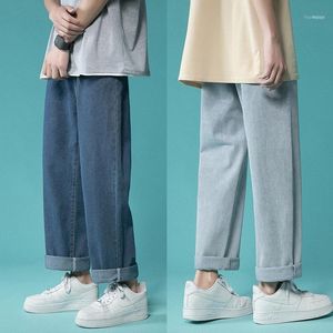 Erkek Kot Sonbahar 2022 Sokak Modası Gevşek Kore Düz Bacak Pantolon Marka Giyim Açık Mavi