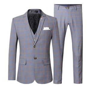 3 Parça Ekose Erkek Takım Elbise Slim Fit Ceket Yelek Pantolon Düğün Erkekler Damalı Ziyafet Balo Sosyal Elbise Suit Erkek T200303 için Suits