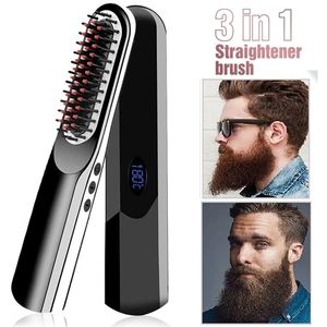 Kablosuz erkekler hızlı sakal düzleştirici saç stili tarak lcd çok fonksiyonlu kablosuz usb şarj düzleştirme fırçası 220727