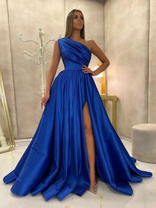 Couture Kraliyet Mavi Bir Omuz Abiye Yüksek Yan Yarık Uzun Saten Yarık Balo Örgün Balo Abiye Zarif Vestidos
