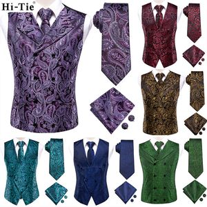 Hi-Tie Burgundy Purple Paisley Silk Mens Mens Slim-Healktie Set для костюма свадьба 4pcs Жилетка для запоисленности набор 220725